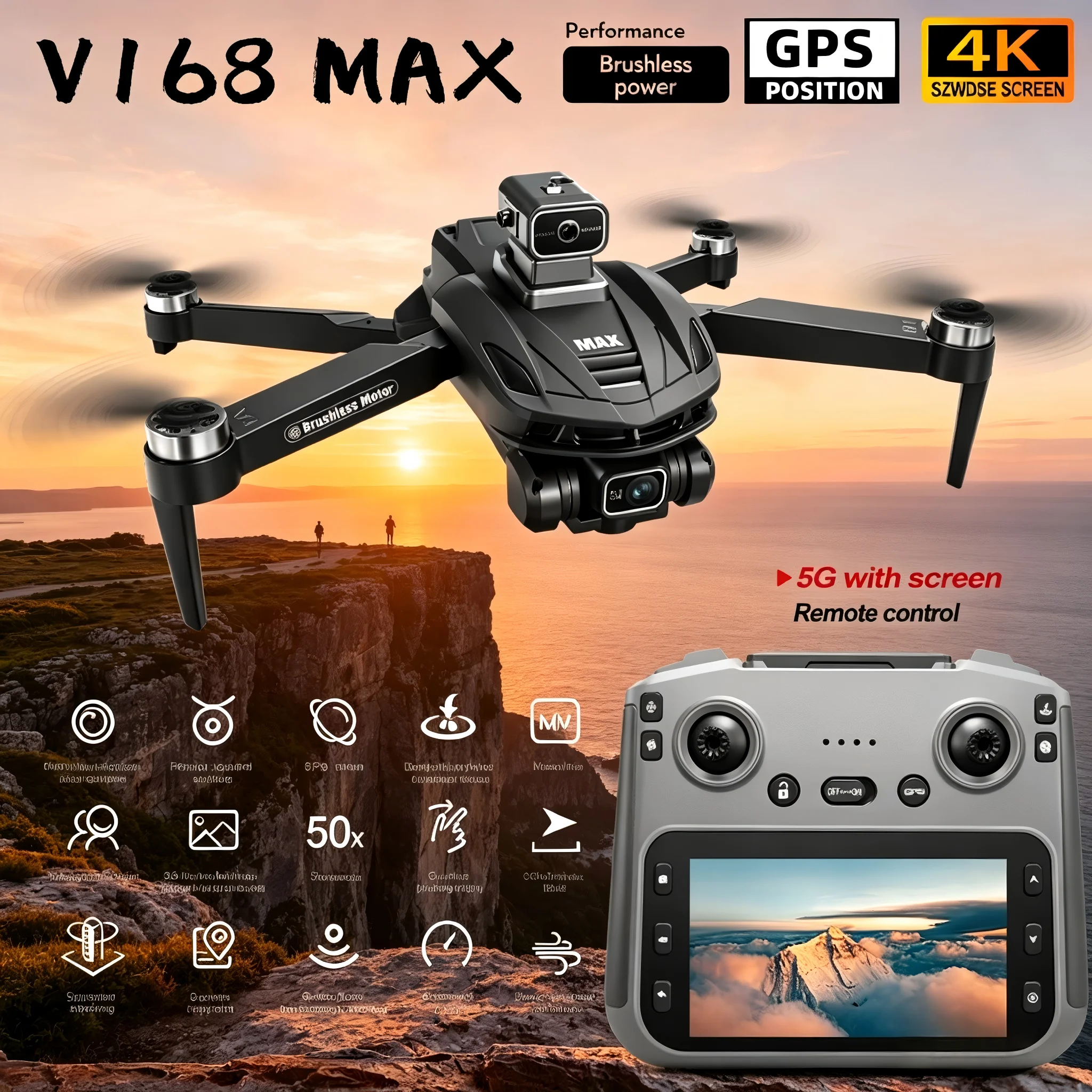 V168 MAX GPS Drone Professional 4K Dual Camera Brushless Obstacle Avoidance Security Drones with Large Screen Control Quadcopter