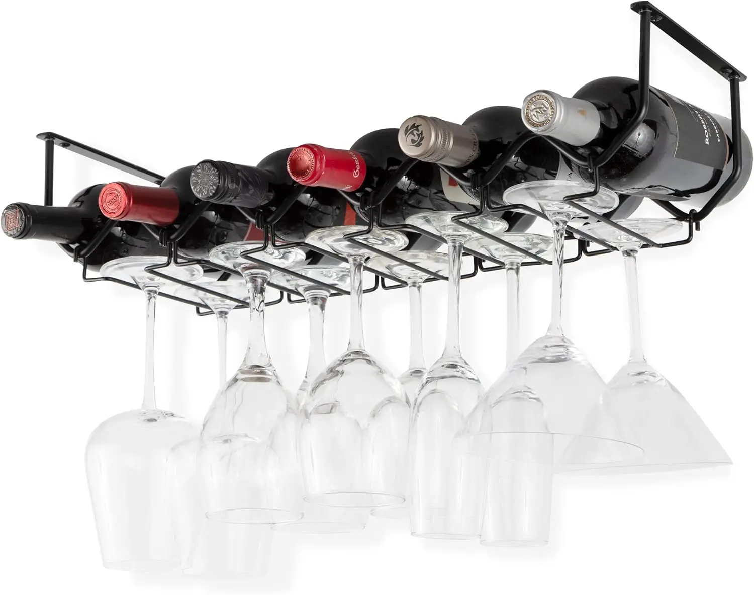 

Under Cabinet Wine Rack & Glasses Holder, 6 Bottle Organizer Metal Black for Kitchen Organization