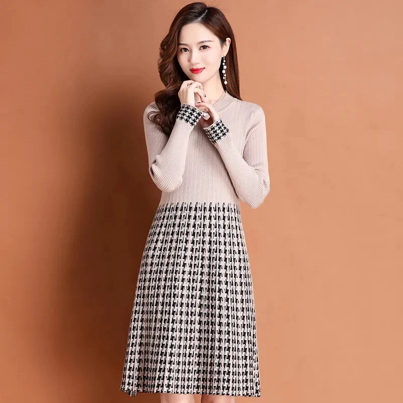 Vestido largo medio con cuello redondo para mujer, suéter con abrigo y vestido ajustado hasta la rodilla, primavera y otoño, novedad de 2024