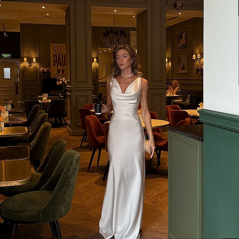 French Style Sleeveless V-Neck Satin Bodycon Dress, Elegant Evening Dresses for Women Spring Summer