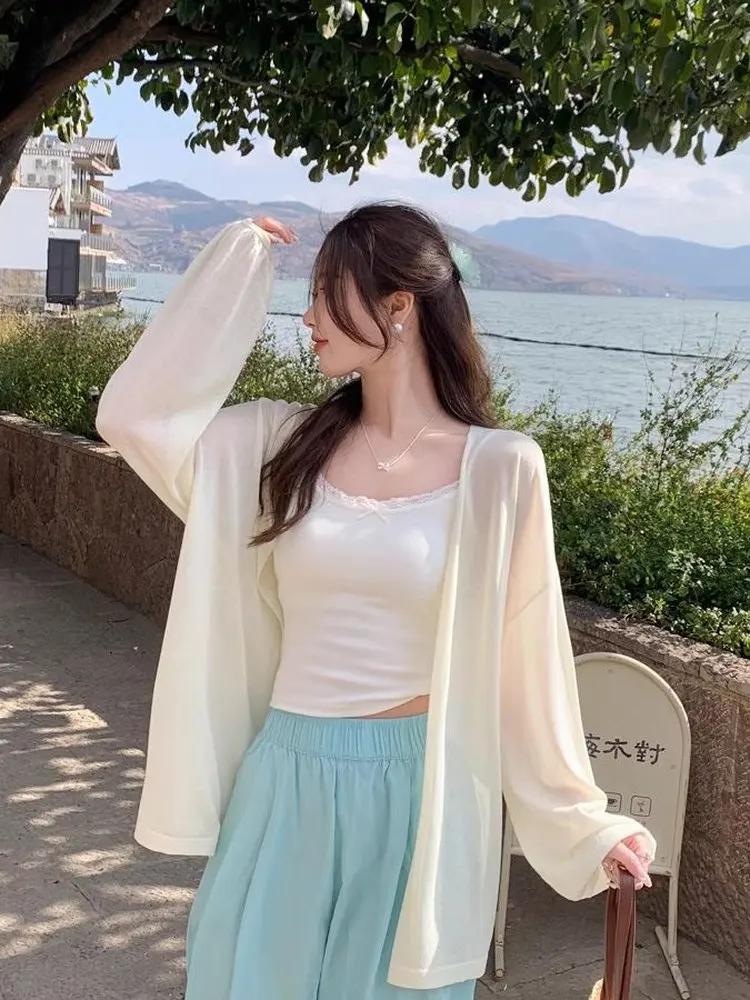 Sun Protection Lantern Sleeve Cardigan Lightweight Summer Outerwear Women's Shoulder Strap Dress Cover up Korean Style