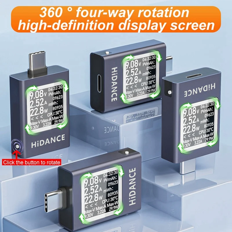 ABUL-HDC-085C DC 4,5-50V 0-12A PD3.1 pantalla Digital multifunción amperímetro de voltaje CC medidor de potencia probador de carga de celda tipo C