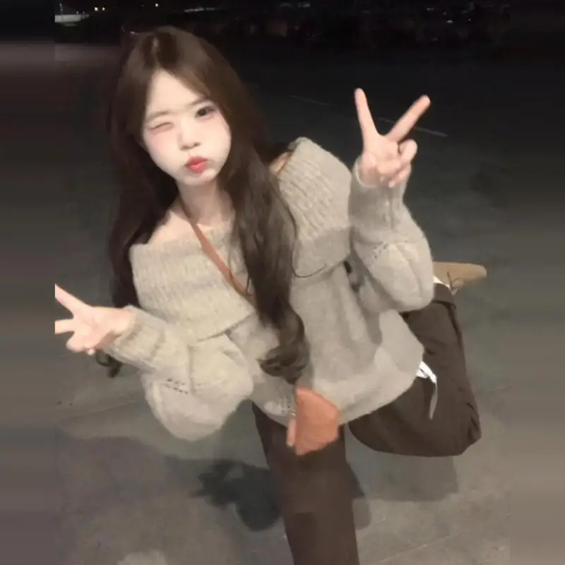 

Свитер с открытыми плечами, трикотаж для девочек, осенне-зимняя мода, красивая новая верхняя одежда, топы, женские свободные трикотажные изделия для ленивых, оптовая продажа