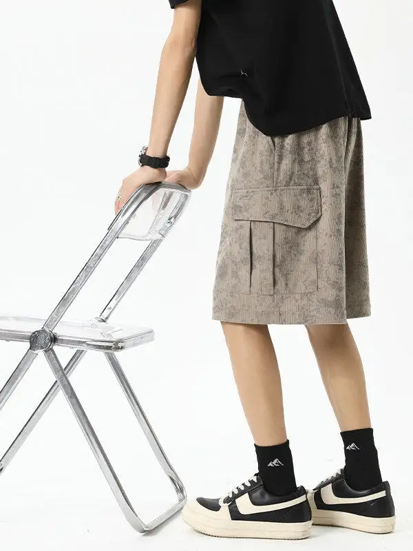 

American Sle Loose Fit Casual Corduroy Workwear orts Straight Leg Five-Quarter Pants Summer Trendy orts Polyester Fiber