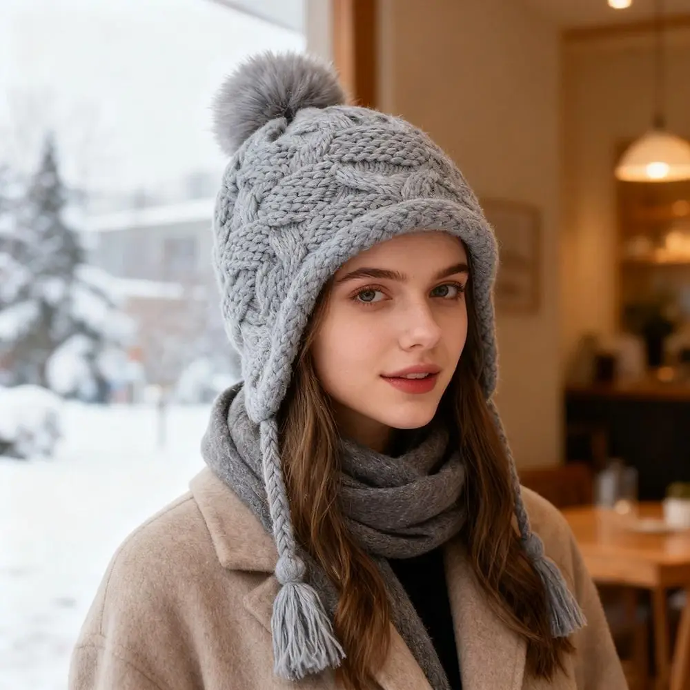 

Модная вязаная шапка с кисточками, теплая однотонная шапка-бини, ветрозащитная, морозостойкая, зимняя шапка-ушанка