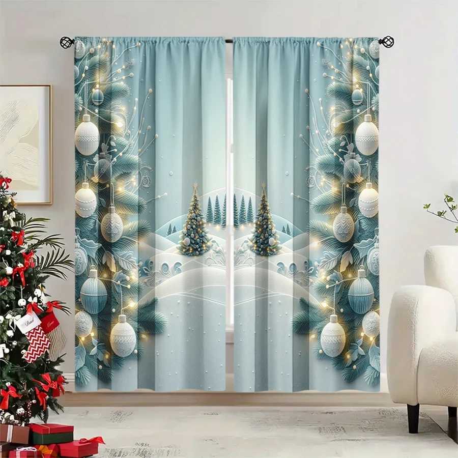 2PCS Christmas Winter Curtains, Pine Branch White Ball Snowy Tree Blue, Digital Print, Bedroom Living Room, Home Decor