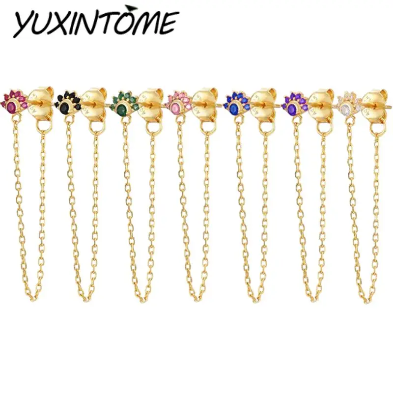 

925 Sterling Silver Ear Needle Half Flower Chain Micro-set Colored Zircon Stud Earrings Women's Luxury Wedding Party Jewelry