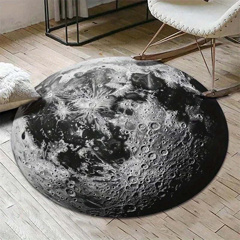 ~O~Black & White Moon Phase Round Rug – Machine Washable Polyester Mat for Home, Office & Living Room Decor