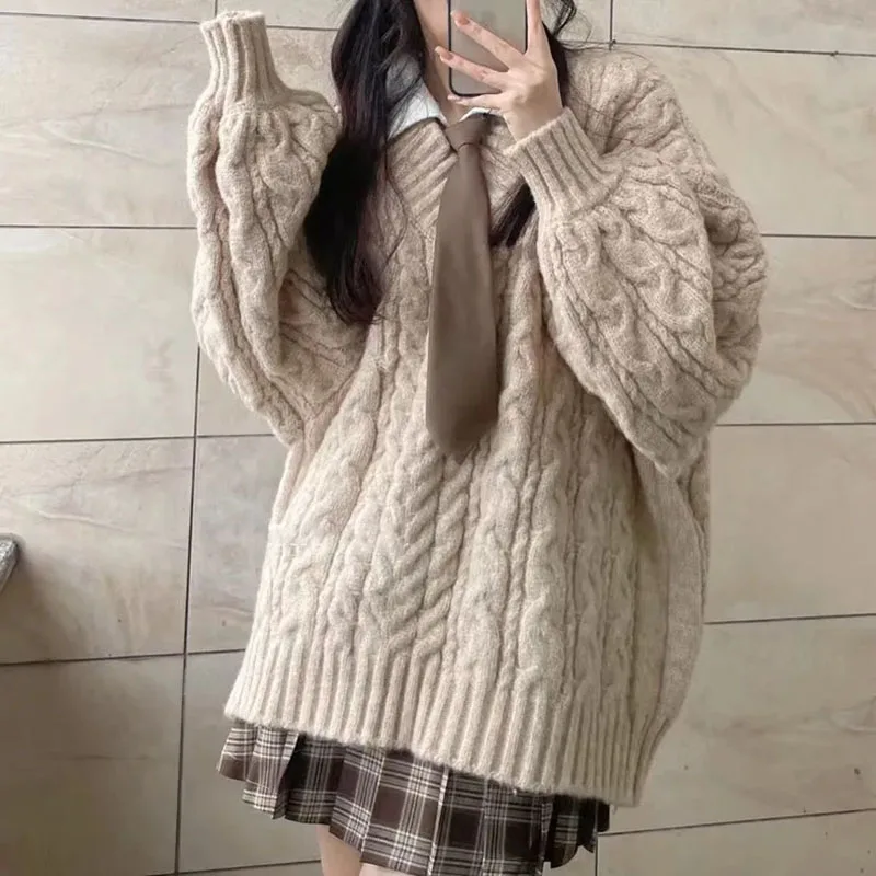 Autumn Winter Women Sweater Harajuku Oversized Long Sleeve V Neck Knitted Pullover Korean Loose Solid Preppy All Match Jumper