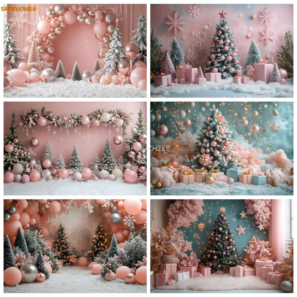 

Winter Christmas Photography Backdrop Xmas Tree Gifts Balloons Snowflake Bells Baby Kid Birthday Portrait Photo Background Decor