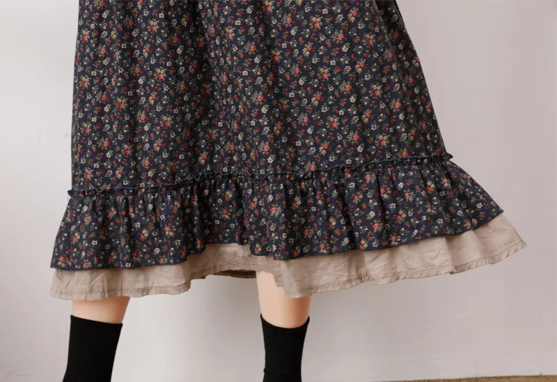 Autumn Summer Dress Sweet Little Fresh Round Collar Double-layer Loose Floral Long-sleeved Dress Women Clothing