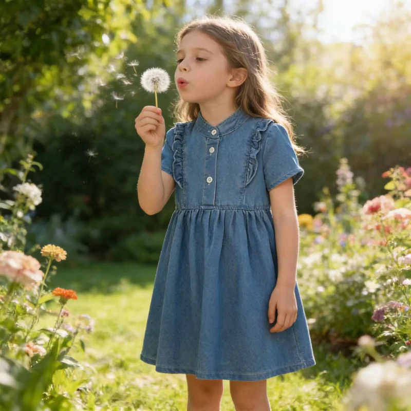 

2026New summer girls' denim dress with stylish lace trim, short-sleeved solid color denim dress