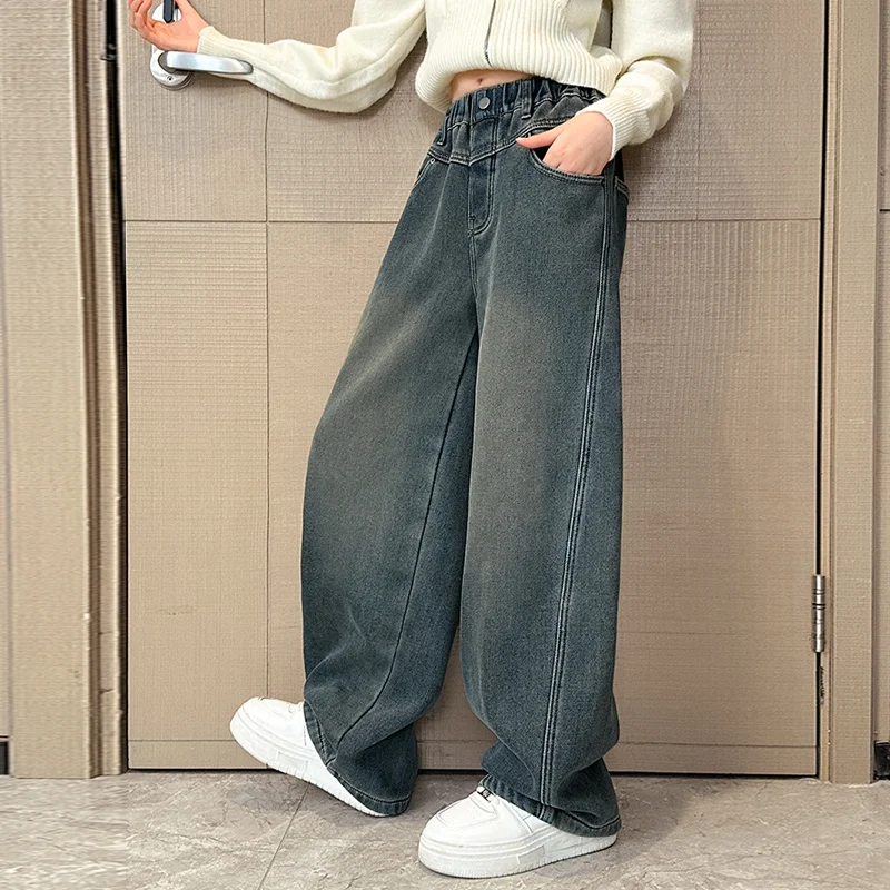 

Girls Jeans 2025 New High Quality Vintage Denim Wide Leg Pants Kids Clothing Children Casual Solid Trousers For Teenager Clothes