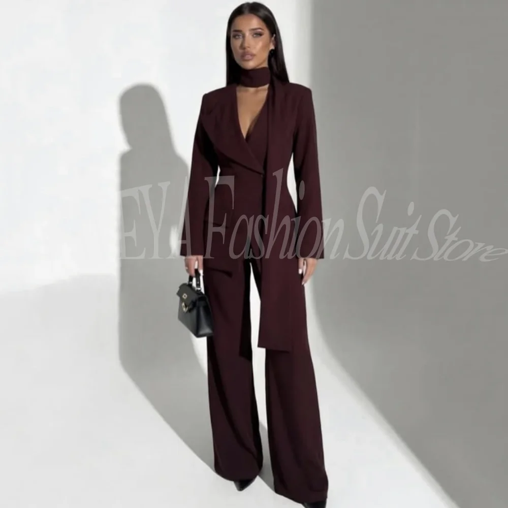 

Women's 2 Piece Blazer Set Deep V Neck Smart Casual Blazer+Wide Leg Pants Office Lady Business Evening Party Formal Female Suit