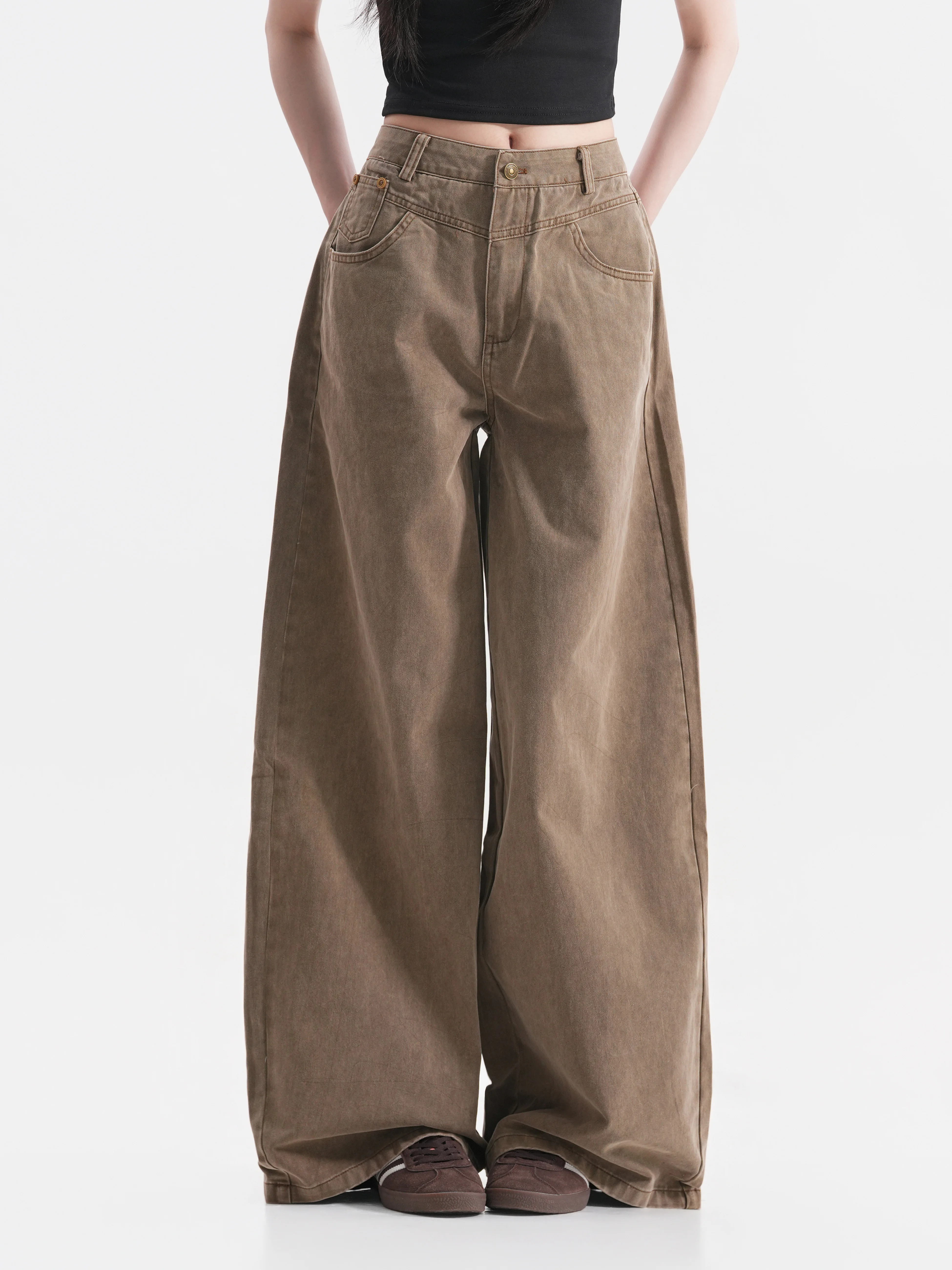Low Waist Distressed Denim Jeans Women's Autumn Atmosphere Brown Wide Leg Pants Vintage American Style Neutral Wind Resistant