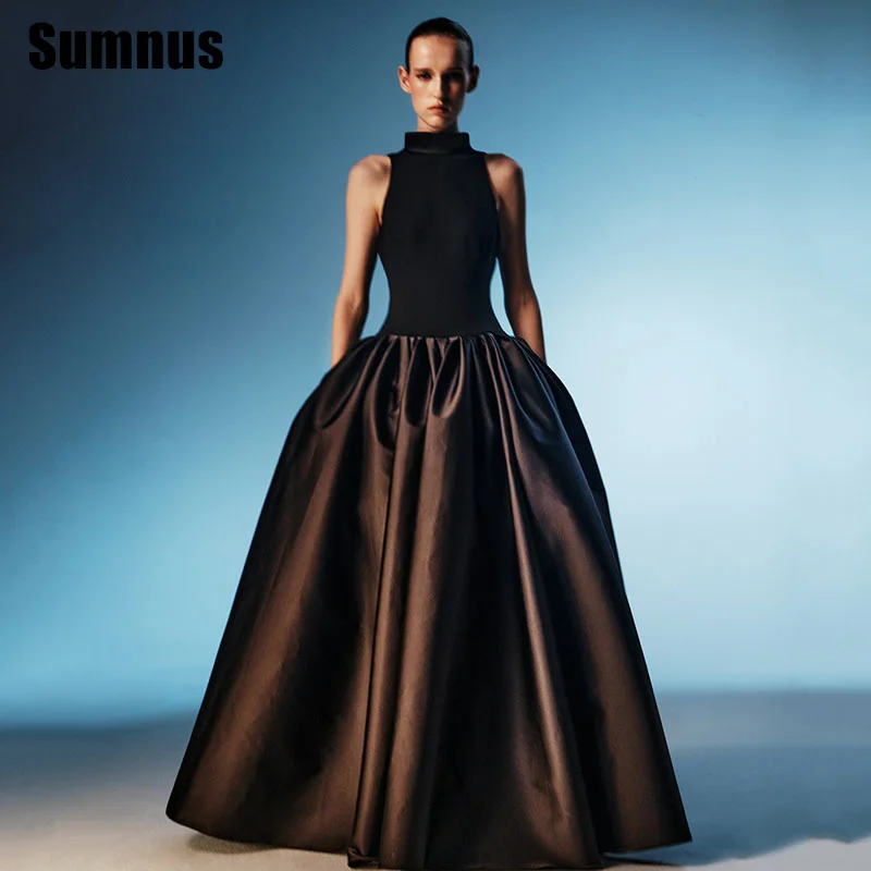 

Sumnus Elegant Black A-Line Evening Dress High Neck Backless Floor-Length Prom Dresses فساتين سهرة Customized