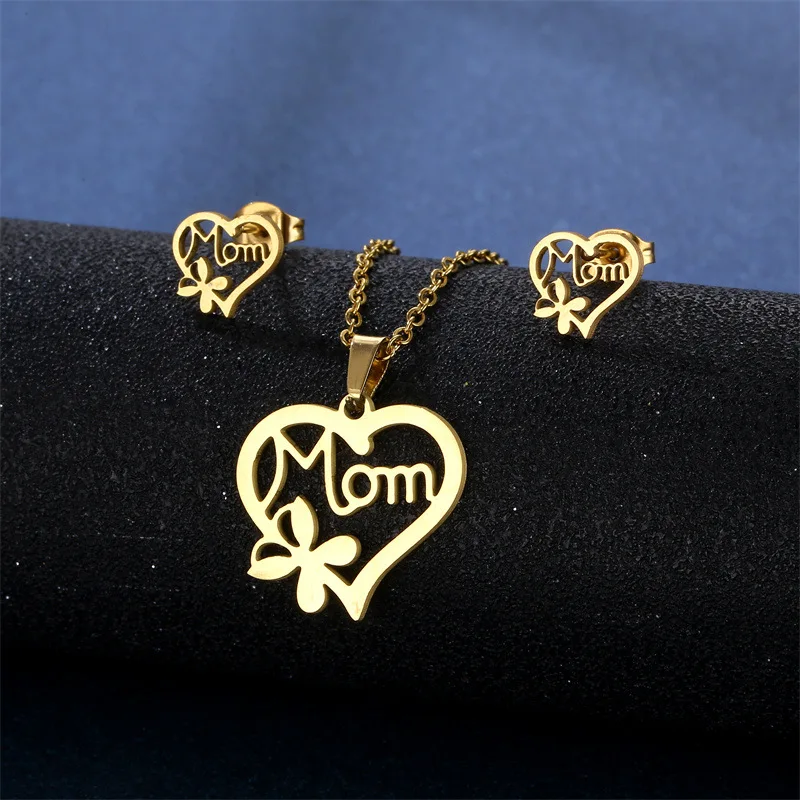 Stainless Steel Gold Color Mother's Day Jewelry Set For Women Hollow Heart Flower Mama Necklace Earrings Thanksgiving Day Gifts