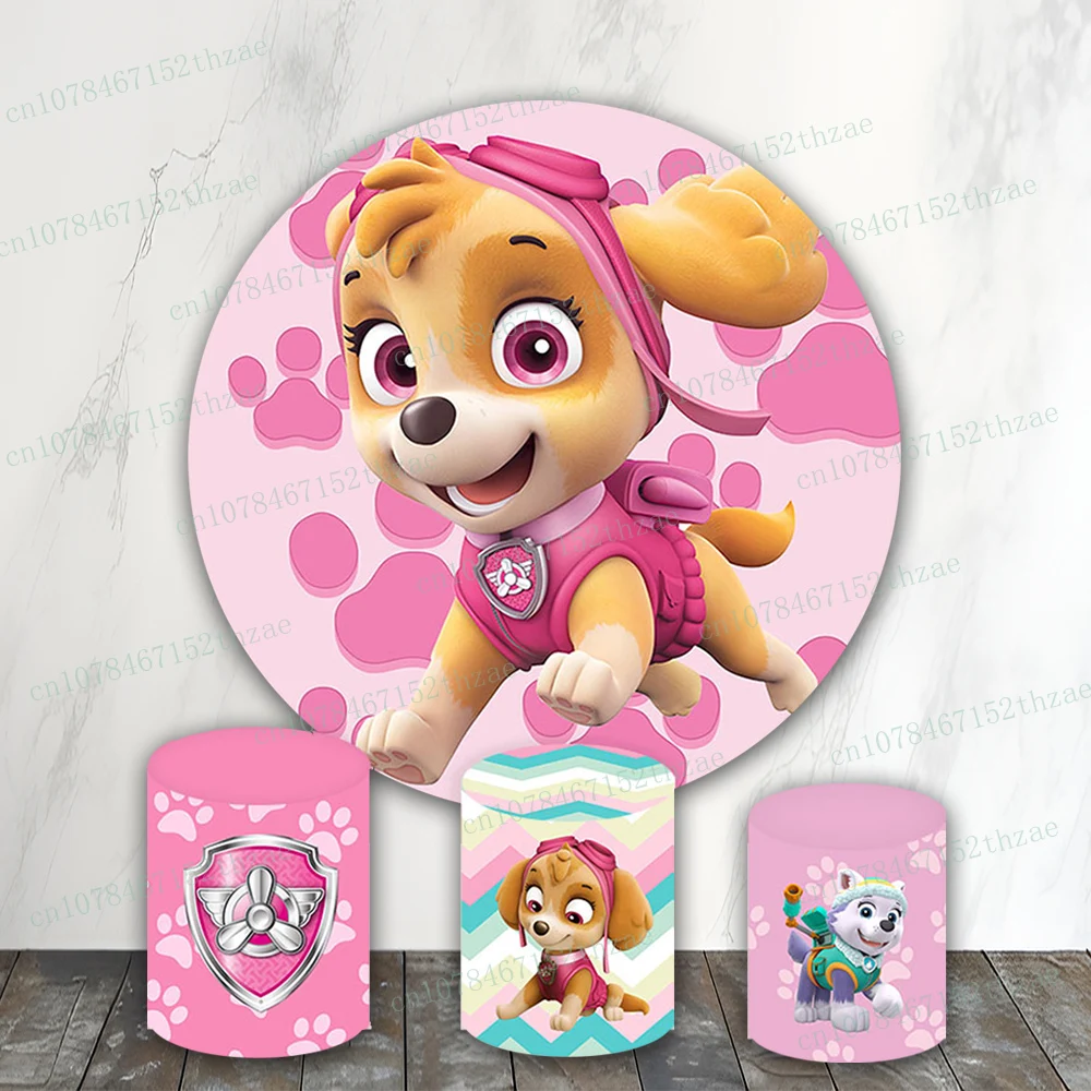 

Paw Patrol Pink Birthday Party Photo Backdrop Baby Shower Photo Background Round&Cylinders Plinth Covers Decoration