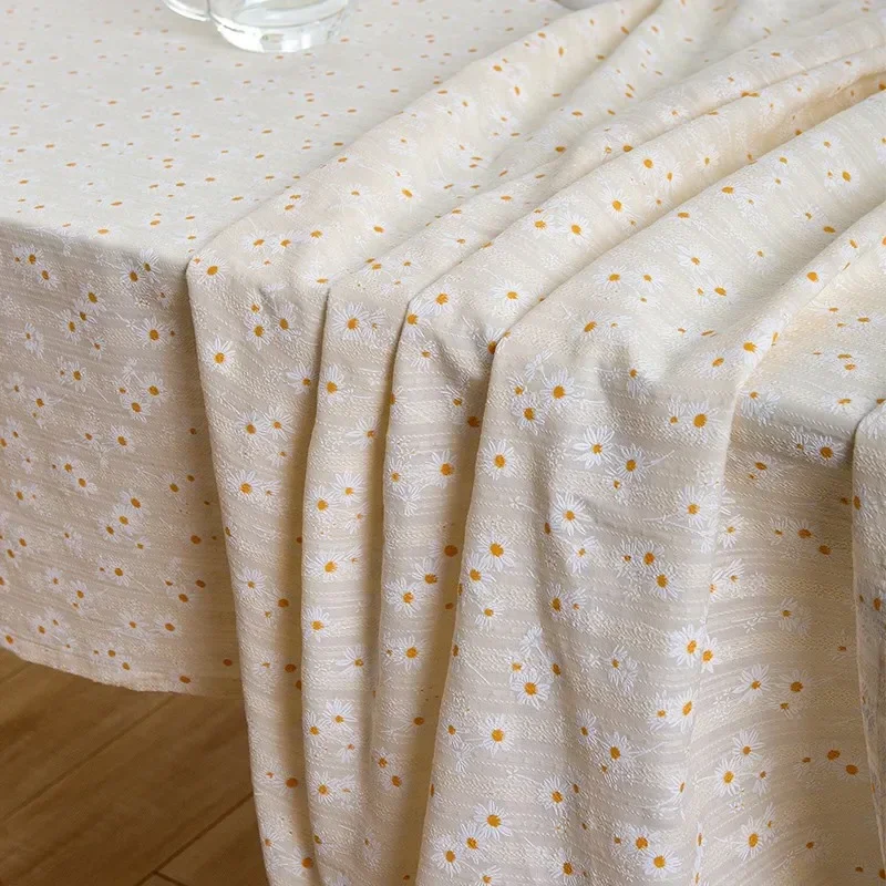 Cotton Blend Tablecloth Beige Floral Printed Washable Farmhouse Table Cover for Wedding Party Living Room Baby Shower Decoration