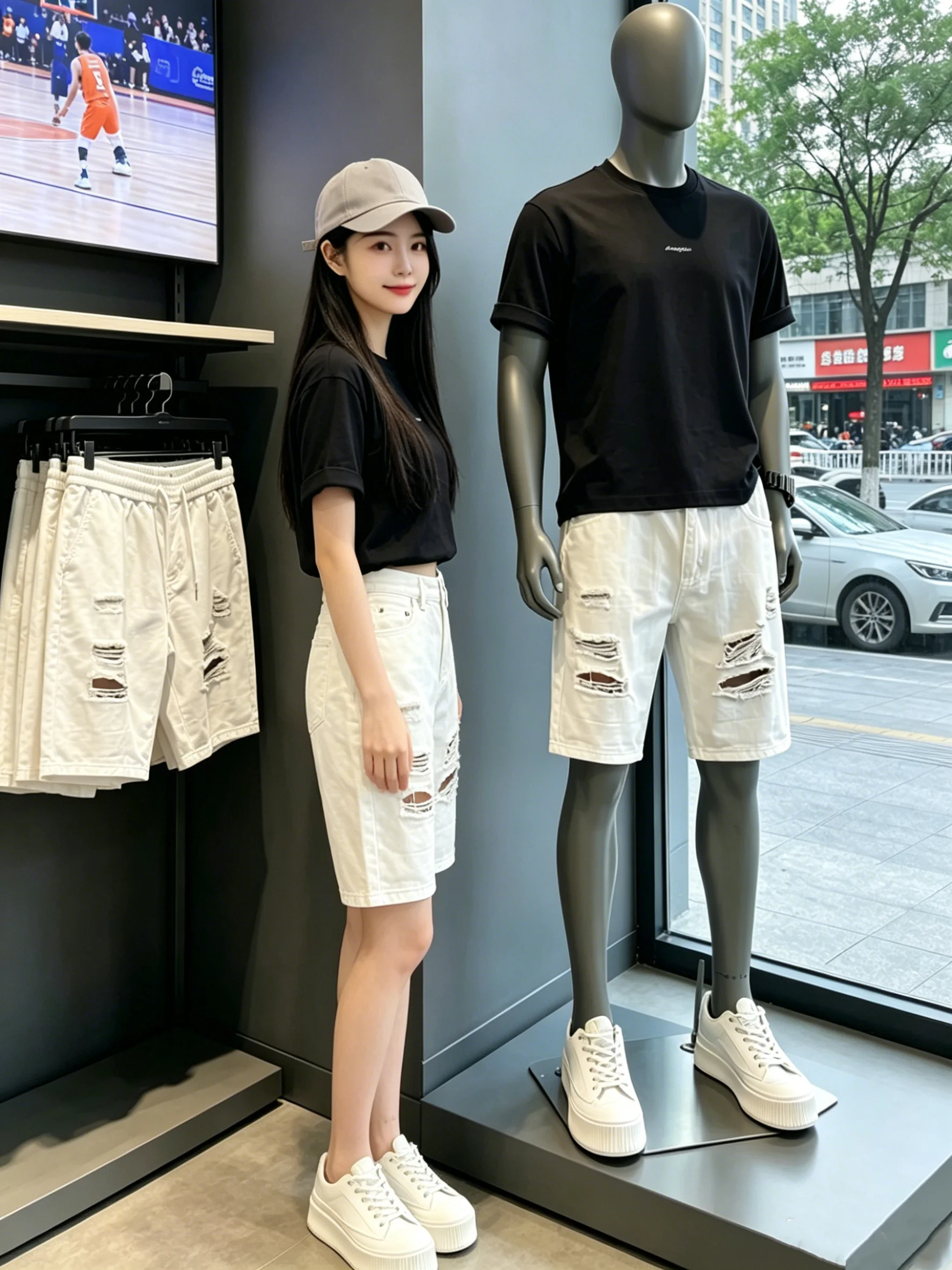 White Pure Cotton Ripped Denim Shorts Men's Summer American High Street Beggar Trendy Straight Tube Five-Point Pants