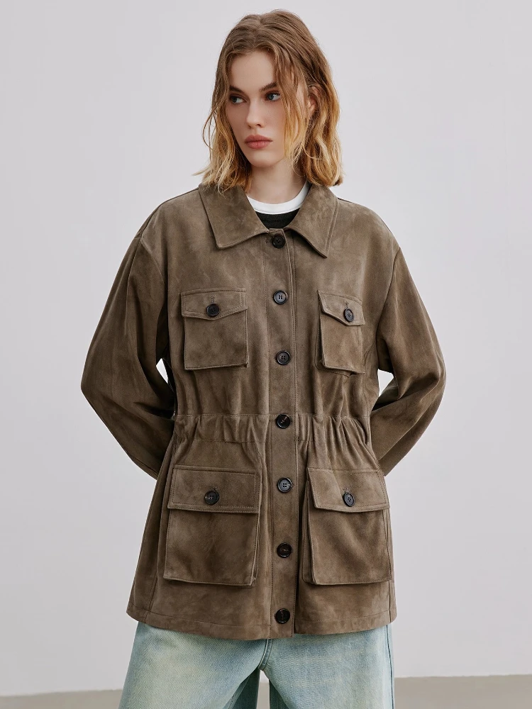 Damskie kurtki cargo vintage z prawdziwej skóry, jesienno-zimowe, eleganckie, proste, jednorzędowe, dopasowane płaszcze z prawdziwej skóry owczej z zamszu.