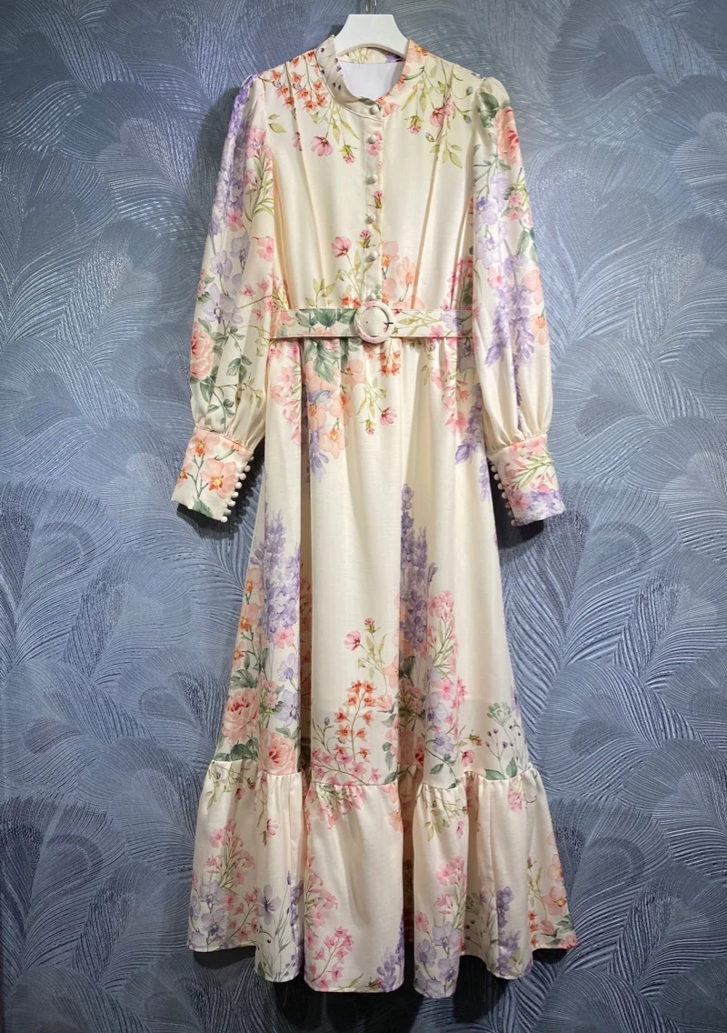 Beautiful Long Dress 2024 Spring High Quality Dress for Women Colorful Floral Print Tunic Button Long Sleeve Party Evening Dress