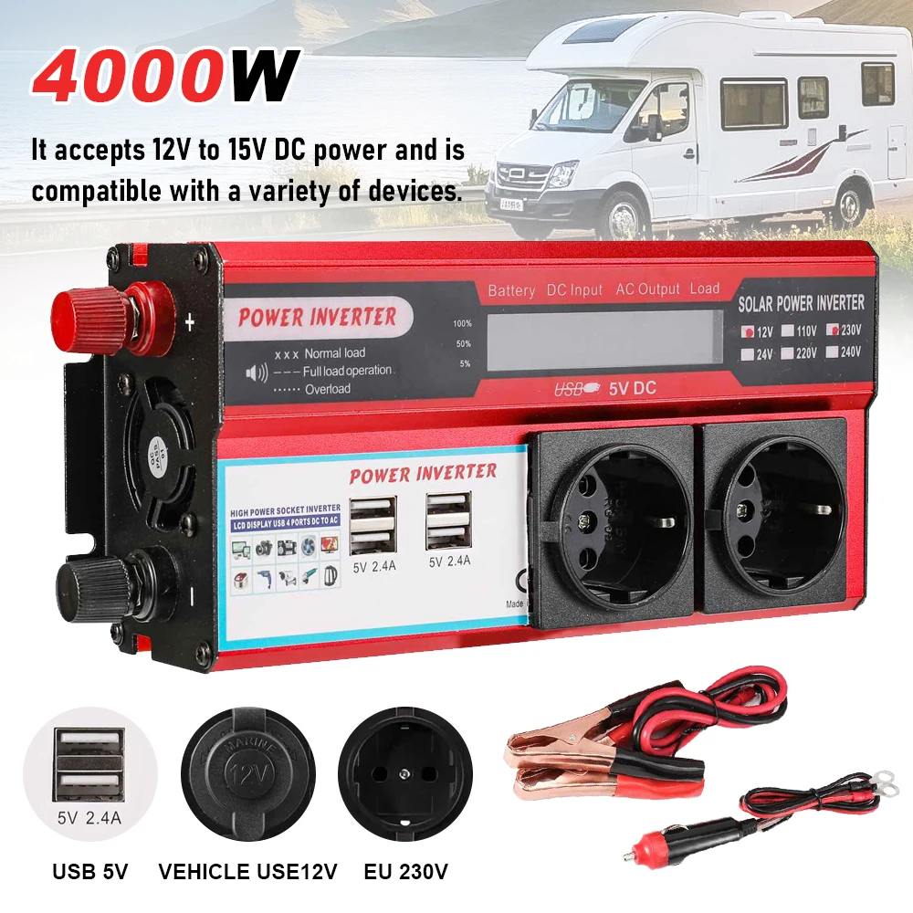 Convertisseur de puissance 4000W 3000W, transformateur DC 12V en AC 220V 230V avec 4 prises USB EU et affichage LED pour les voyages et le camping