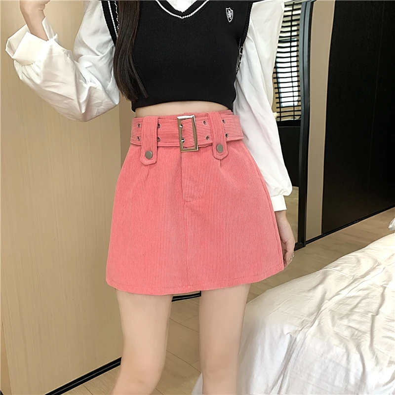 Belted Mini Corduroy Skirt with Matching Belt High Waist A-line Short Skirt Winter Women Teenage Girl Fall Y2K Outfit