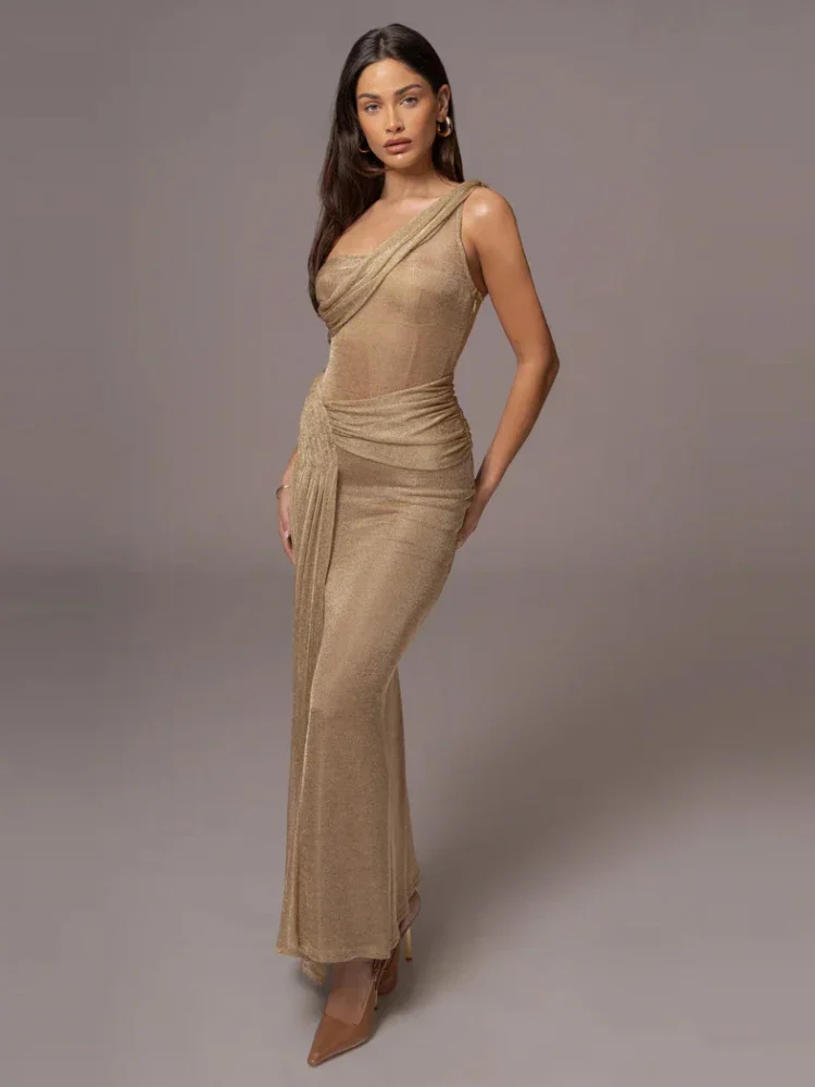 

2025 Sexy One Shoulder Draped Glitter Long Dress Women Diagonal Collar Sparkly Folds Bodycon Dresses Evening Party Club Gowns