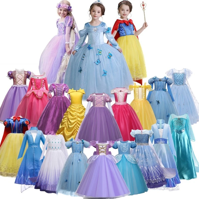 2024 Children Princess Fancy Costume Elsa Party Carnival Cinderella Dress Up for Girl Rapunzel Birthday Belle Snowflake Vestidos