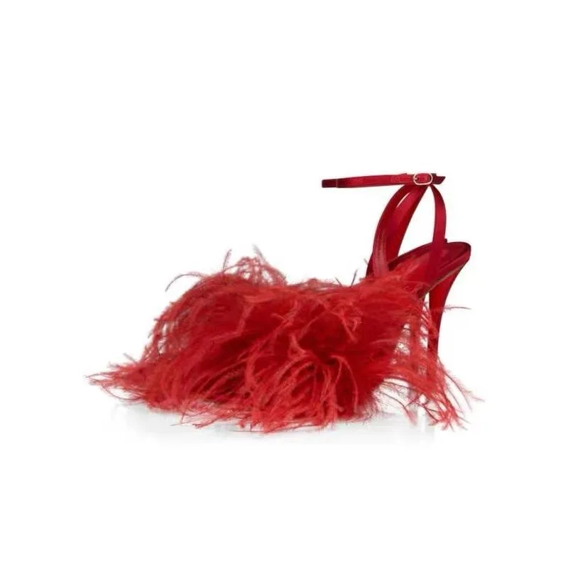 Round Headed Red Feathered Fine Heeled Sandals with Straight Buckle for Women Commuting to the Workplace, Stunning Fashion Shoes