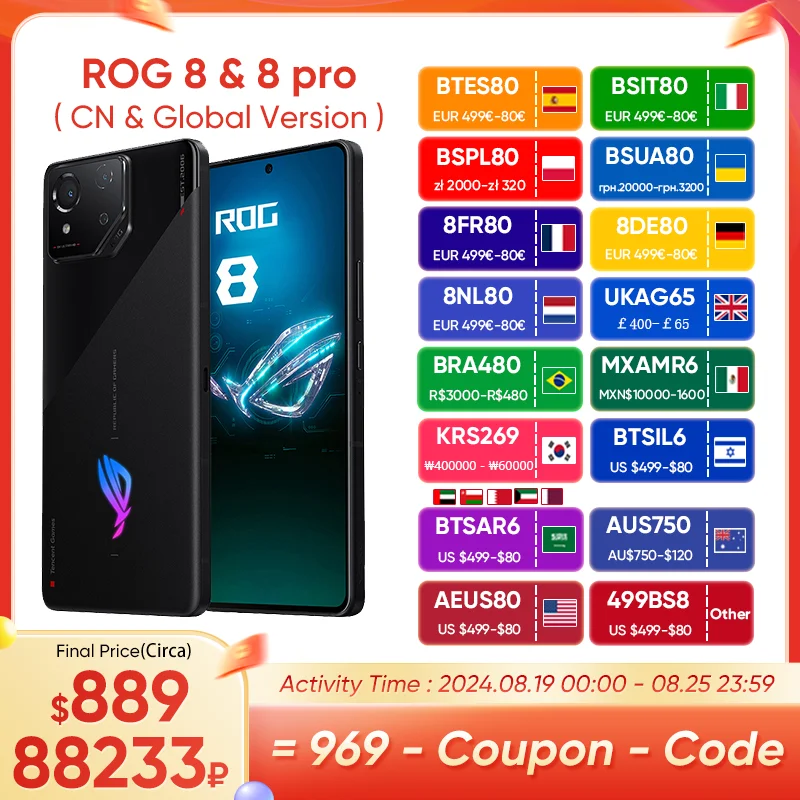 

2024 New ASUS ROG 8 & 8 pro 5G Gaming Phone Snapdragon 8 Gen 3 6.78'' 165Hz AMOLED Screen 5500mAh 65W Fast Charge Global Rom