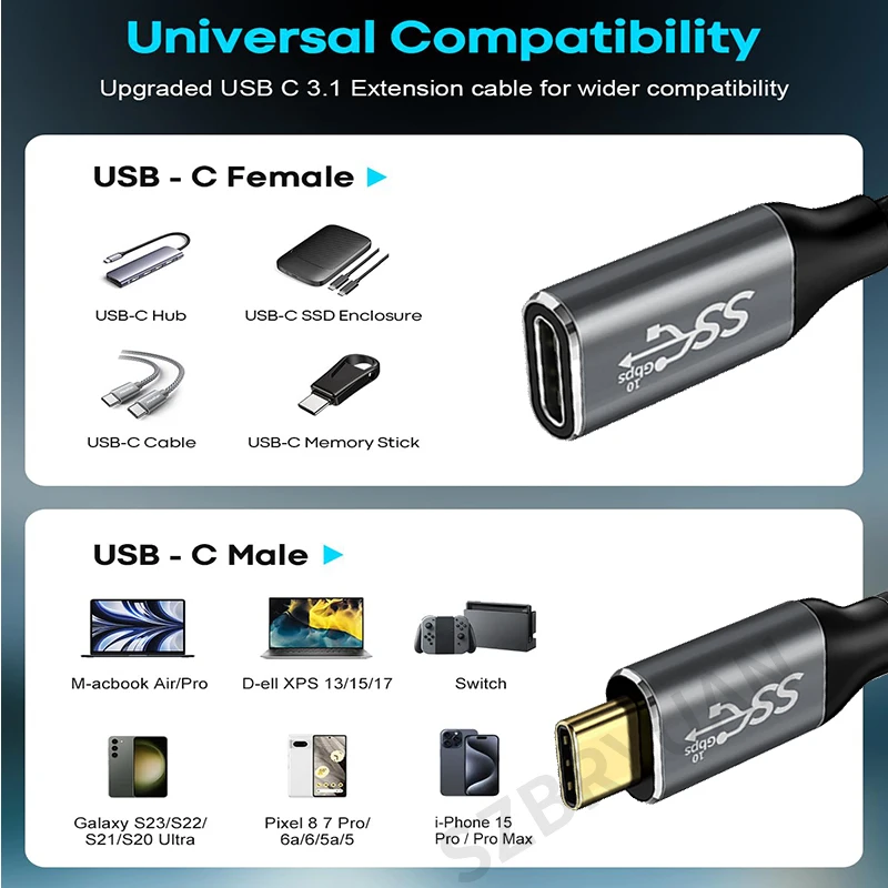 Masculino para Feminino USB Tipo C Cabo de Extensão, 100W Extender Cord para Xiaomi, Huawei, Nintendo Switch, MacBook, 10Gbps