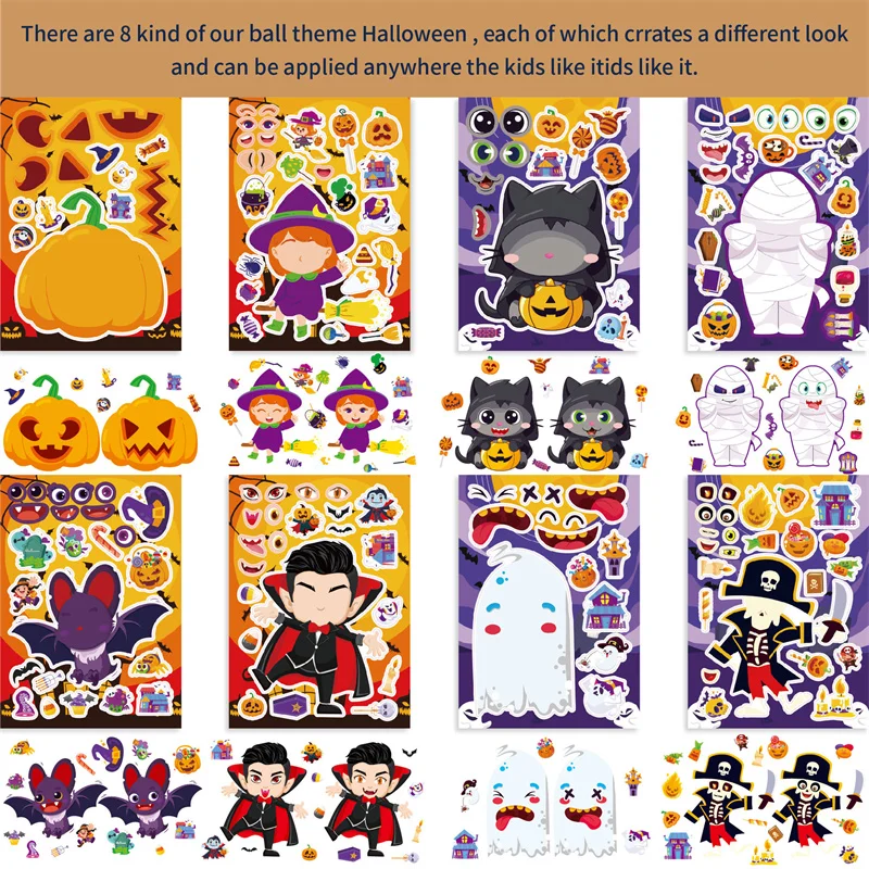 DIY Halloween Stickers for Kids, Make A Face, Pumpkin, Witch, Bat, Mummy, Prank, Puzzle, Adesivo, Decoração de Festa, Stiker, Presentes para Meninos e Meninas