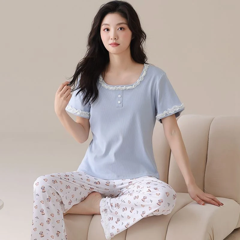 

Лето 2025 г., длинные брюки с короткими рукавами, шелковые атласные пижамные комплекты с принтом для женщин, корейская одежда для сна, домашняя одежда, Pijama Mujer, одежда