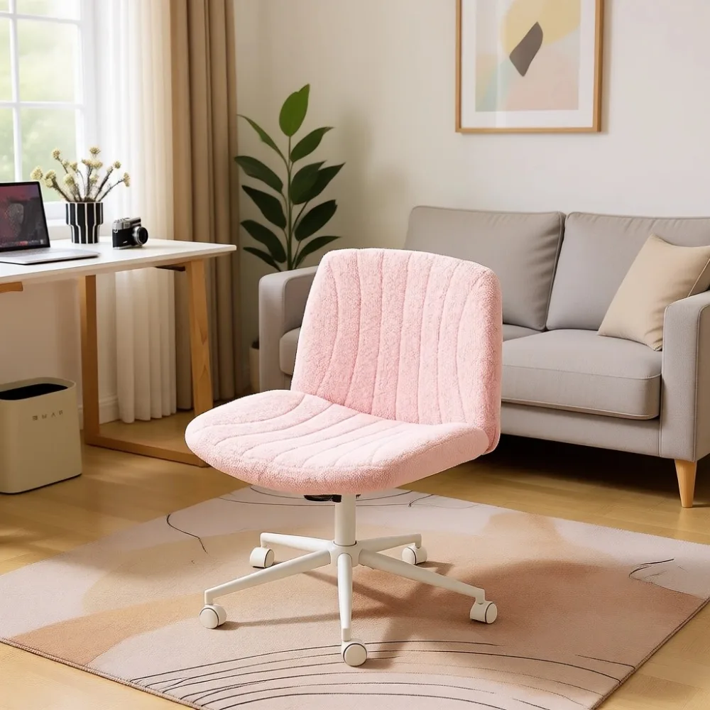 Cross Legged Chair, Comfortable Office Desk Chair, Dual-Use, Swivel Armless, Teddy Fleece Pink