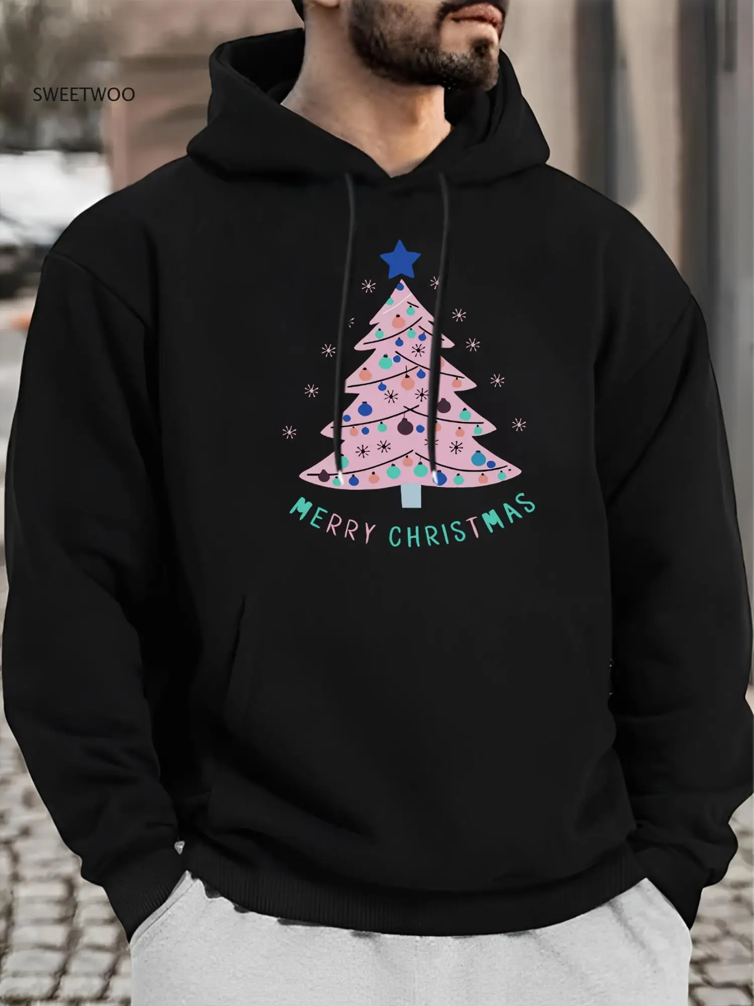 

Мужская толстовка с капюшоном и принтом рождественской елки в стиле ретро — повседневный пуловер с длинными рукавами и карманом, разноцветный праздничный дизайн