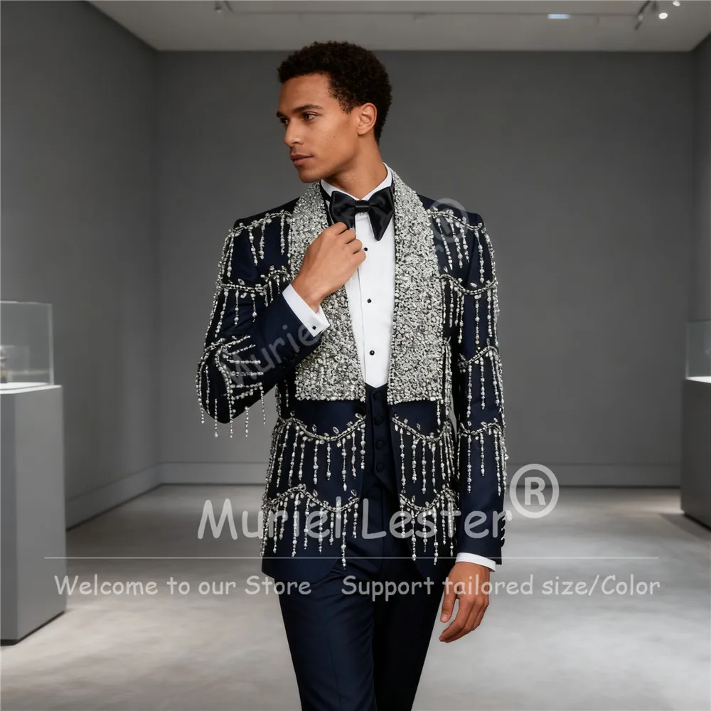 

Эксклюзивный мужской костюм с жемчугом и бисером и кисточками на свадьбу, широкие блейзеры с блестками и лацканами для выпускного вечера, мужские деловые смокинги по индивидуальному заказу