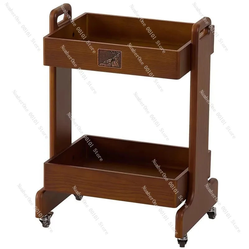 Solid Wood Rolling Snack Storage Cart Layered Floor Standing Organizer Rack Mobile Under Table Bookshelf School Bag Sundries
