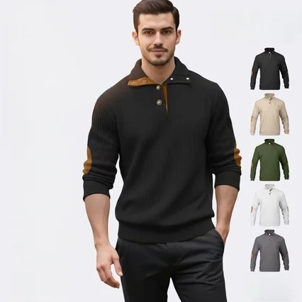 

New Autumn Winter Pure Color Striped Jacquard Jacket Stand Collar Long Sleeve Sweatshirt Outdoor Casual Men's Sweatshirt