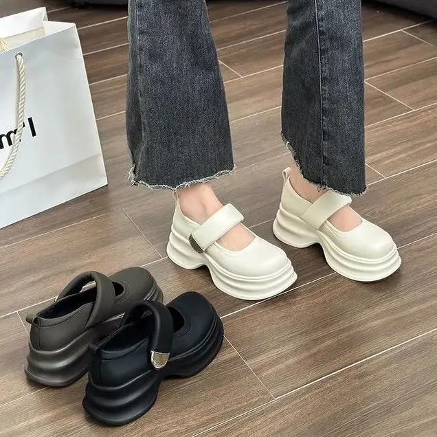 Spring and Autumn New Thick Bottom Increased Lightweight Comfortable Mary Jane Big Head Muffin Small Leather Shoes for Women