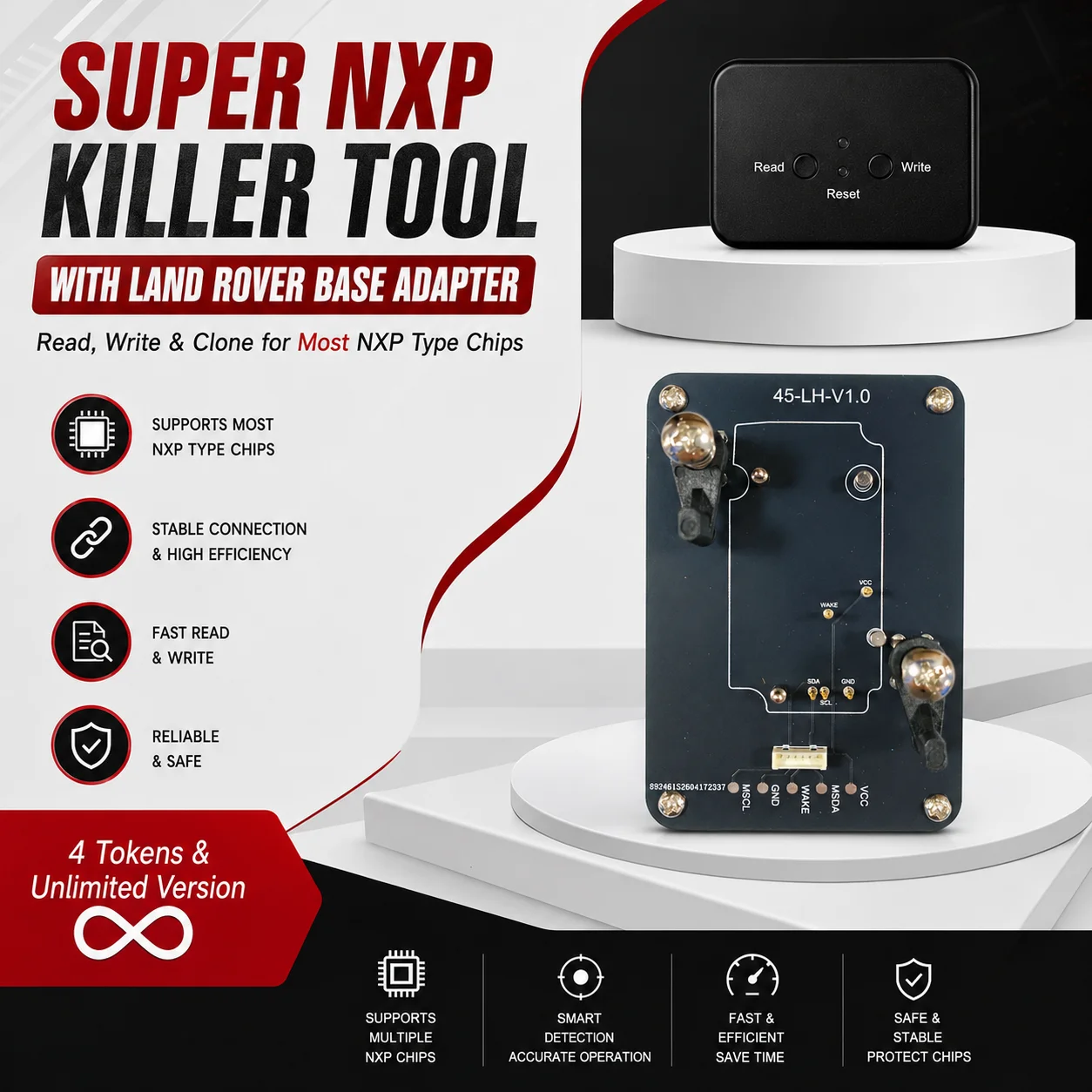 Dispositivo Super NXP Killer Read Copy con base adaptadora para clonar llaves Land Rover, compatible con todas las llaves inteligentes NXP, 4 tokens y versión ilimitada.