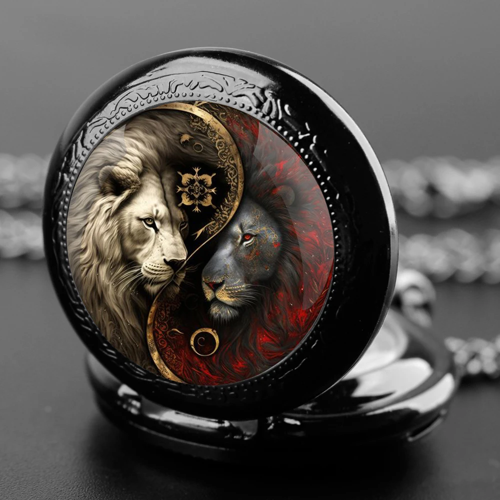 Yin-Yang Lion Design Special Gift Glass Dome Arabic Numerals Quartz Pocket Watch Necklace Pendant Clock Chain Men Women Gifts