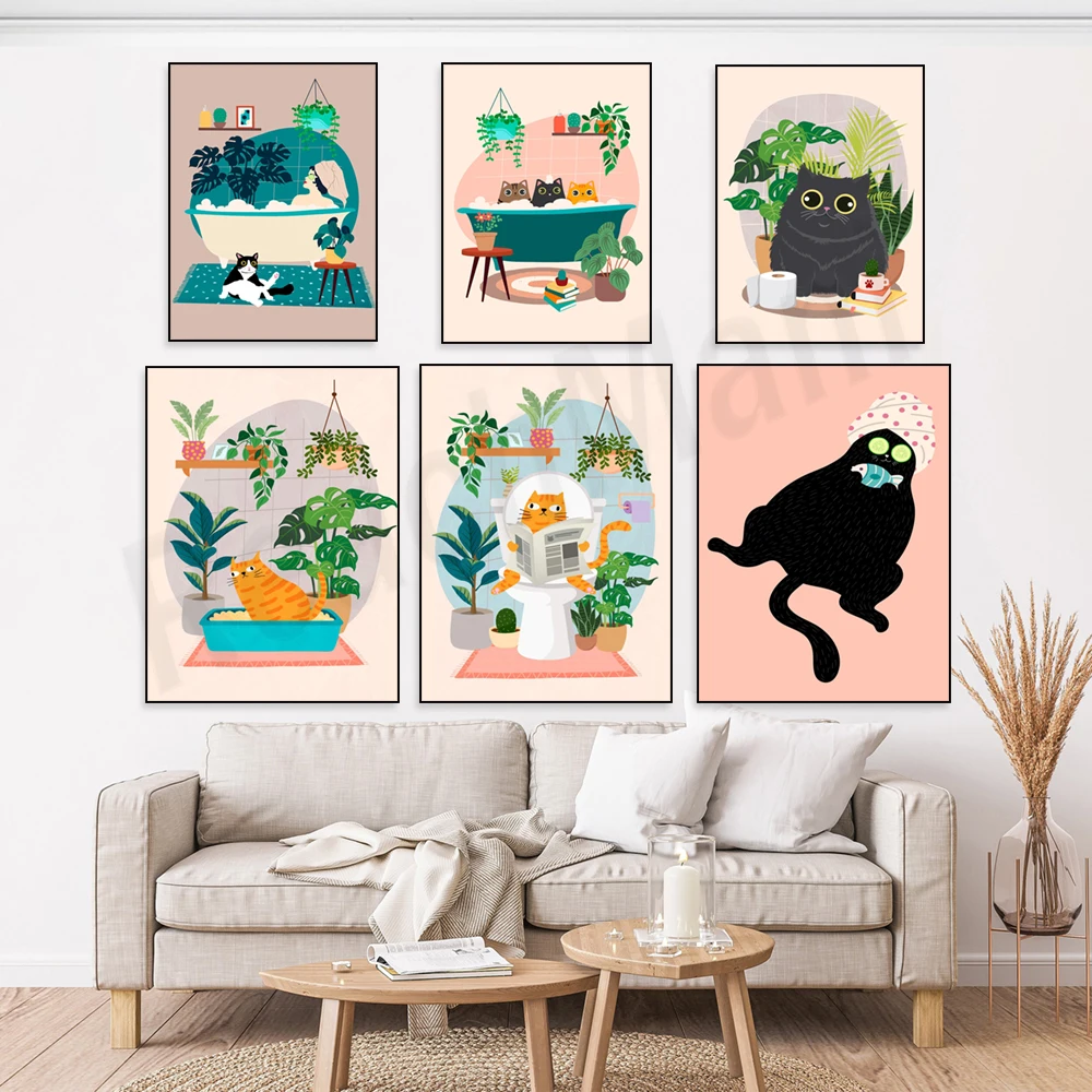 Funny cat drinking water from toilet, cat litter box, cat spa day bathroom typography boho style poster, cat botanical print