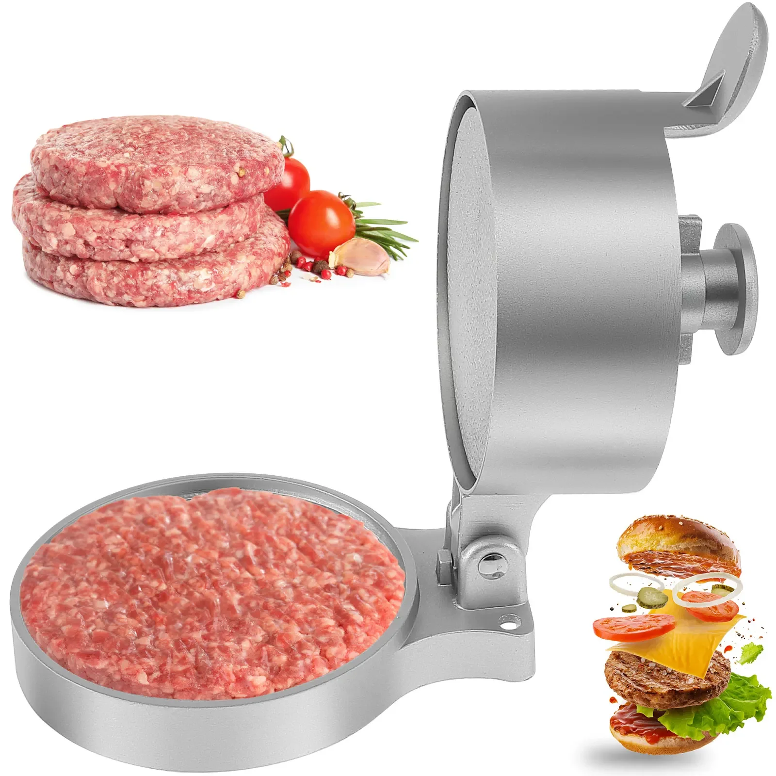 Burger Press Adjustable Hamburger Patty Maker Heavy-Duty Aluminum Alloy Patty Maker Makes Patties From 1/4 Lb To 3/4 Lb