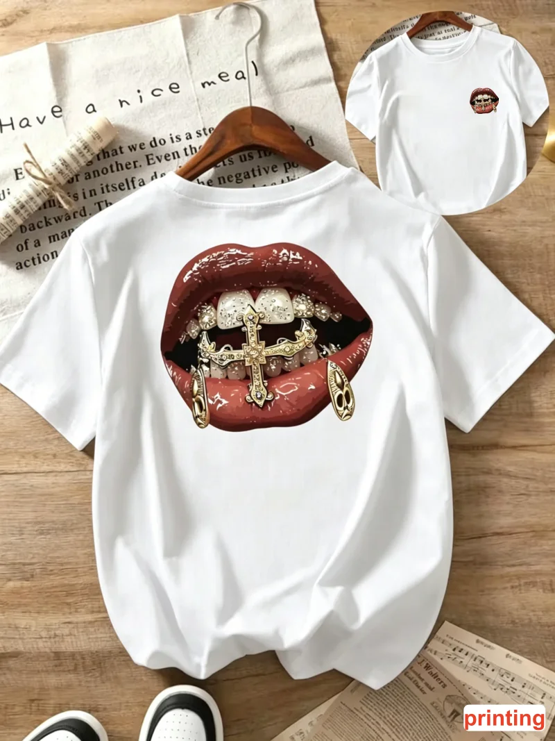 Hip-Hop Golden Grillz Lippen-Print T-Shirt Rundhals Kurzarm Kreuz-Grafik Tee Frühling Sommer Lässiges Alltags-Streetwear-Outfit – Detail 3