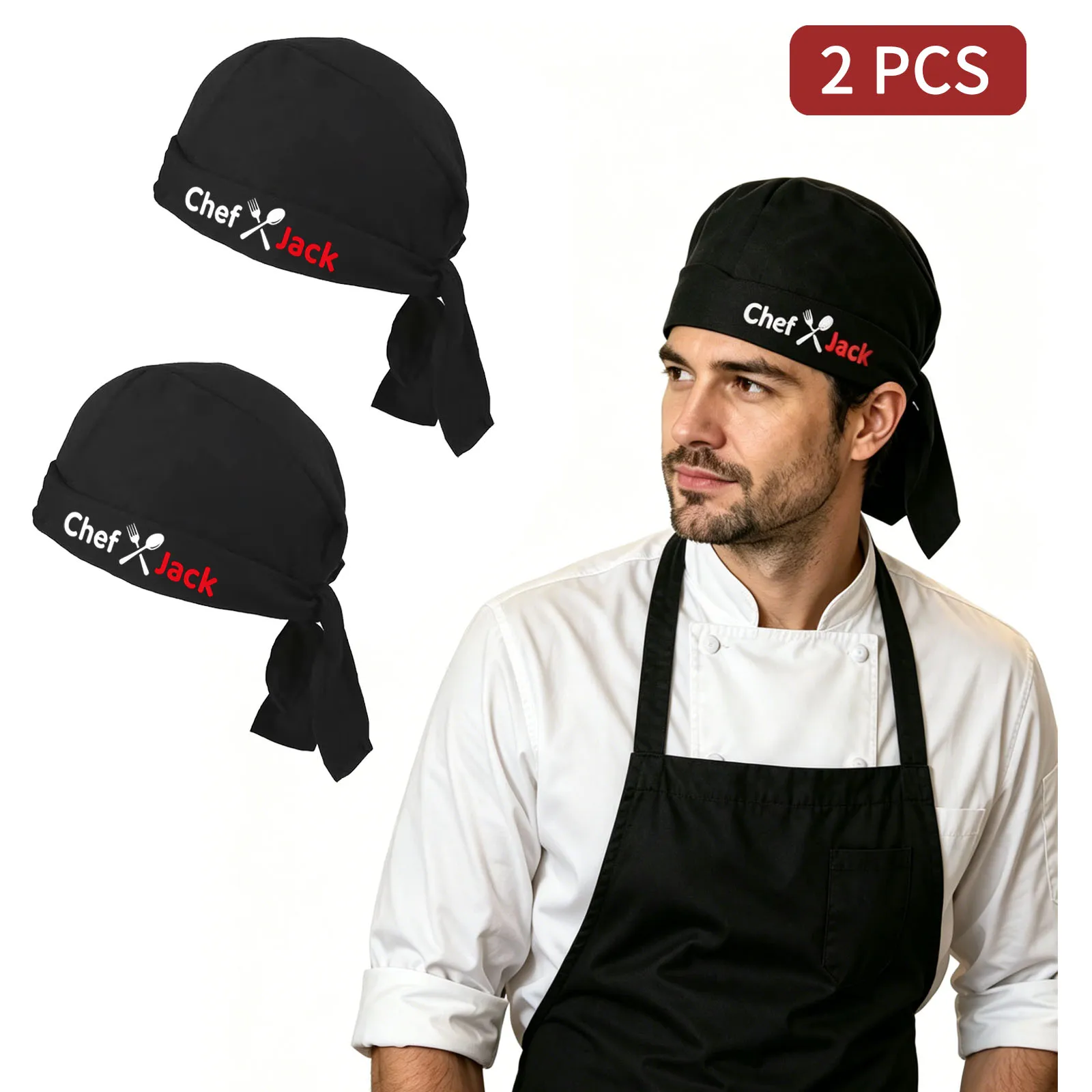 2Pcs Custom Black Chef Bandana Hat, Adjustable Breathable Cooking Cap, Unisex Kitchen Catering Work Head Wrap