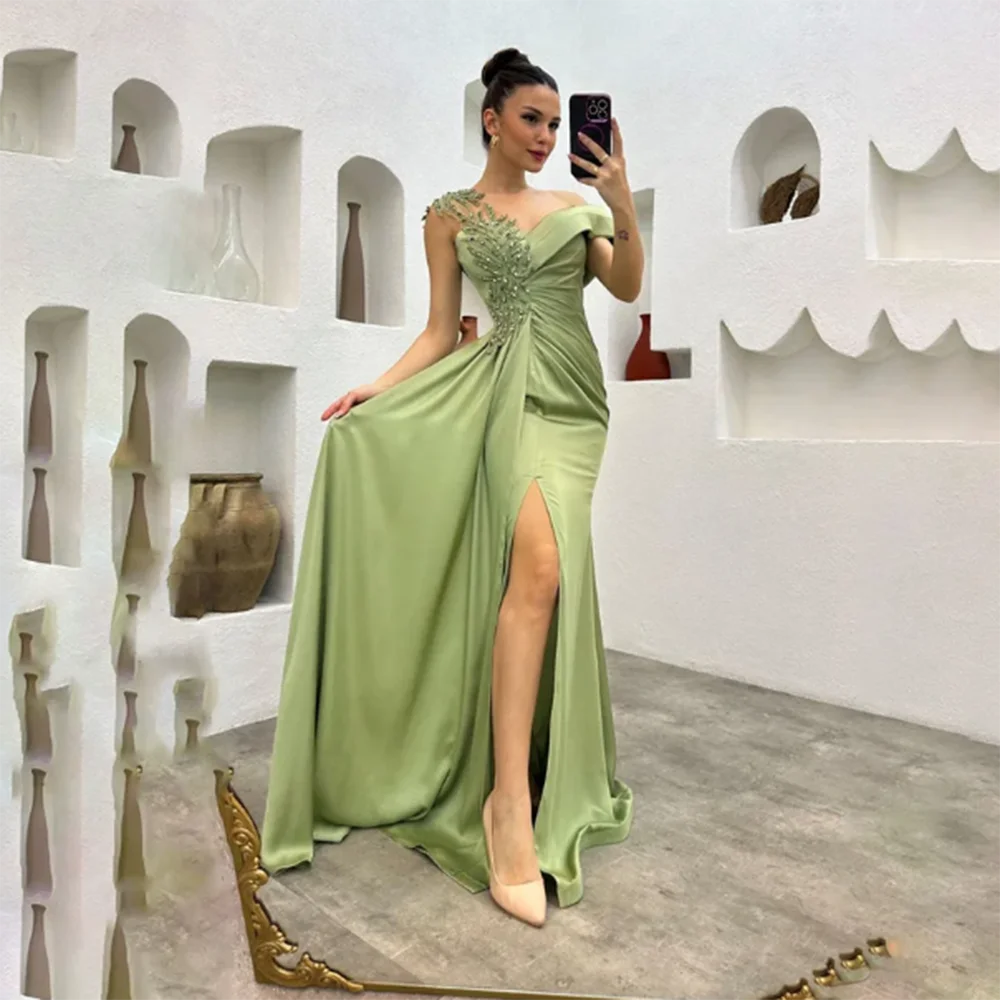 Fashion Chic Green Women Prom Dresses Floor Length Sexy High Side Split Off the Shoulder Formal Occasions Evening Party Gowns