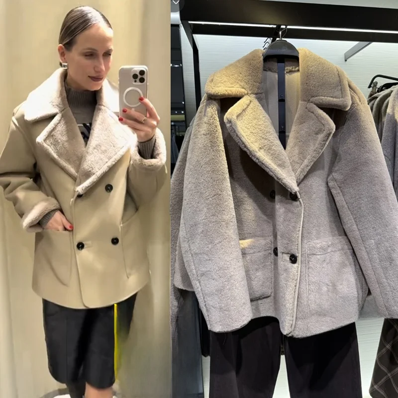 Jaqueta Feminina Casual Dupla Face de Couro Sintético com Forro de Pele Integrado, Coleção Inverno 2025, Estilo Urbano, Gola Alta, Cor Pura