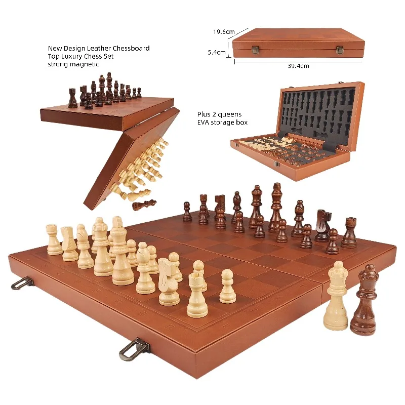 High Quality Luxury 15 Inch Portable Folding Magnetic Wooden Leather Chess Box Indoor Children's Chess Set Eco-Friendly Durable